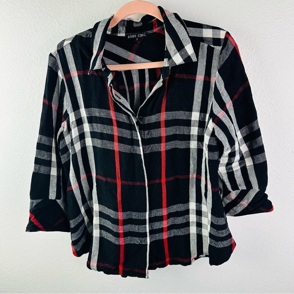 Boho Chic Black White‎ Red Linen Blend 3/4 Sleeve Blouse Size S